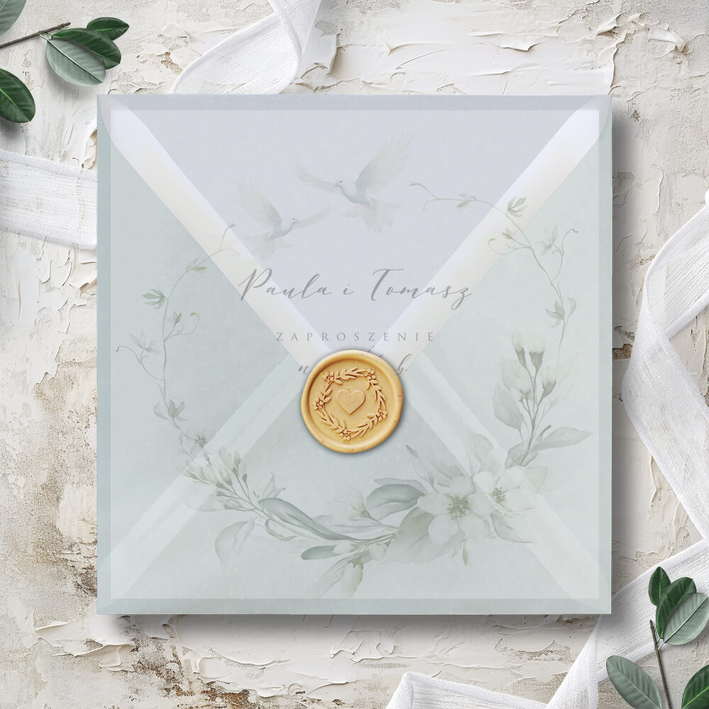 Minimalistyczne zaproszenia ślubne w kopercie z kalki z grafiką eleganckiej eustomy